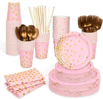 Decorlife ピンクの紙皿 50人用 合計400個 パーティープレートとストローを含む ピンクとゴールドの誕生日パーティー用品